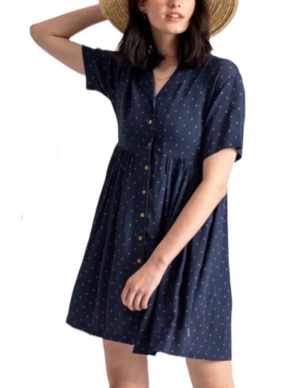 Brixton Dark Blue Dress with salmon dots